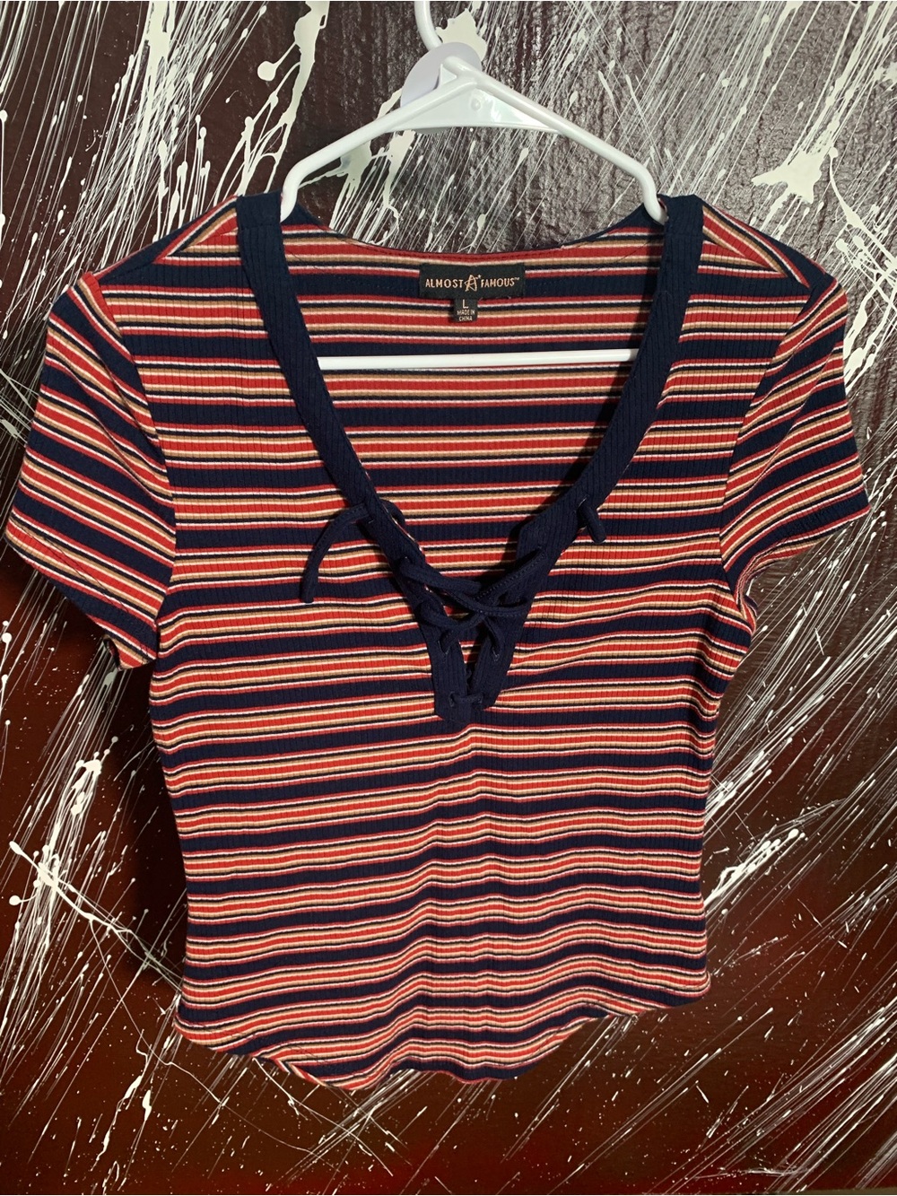 Almost Famous Navy, Red & Tan Striped Ribbed Tee
